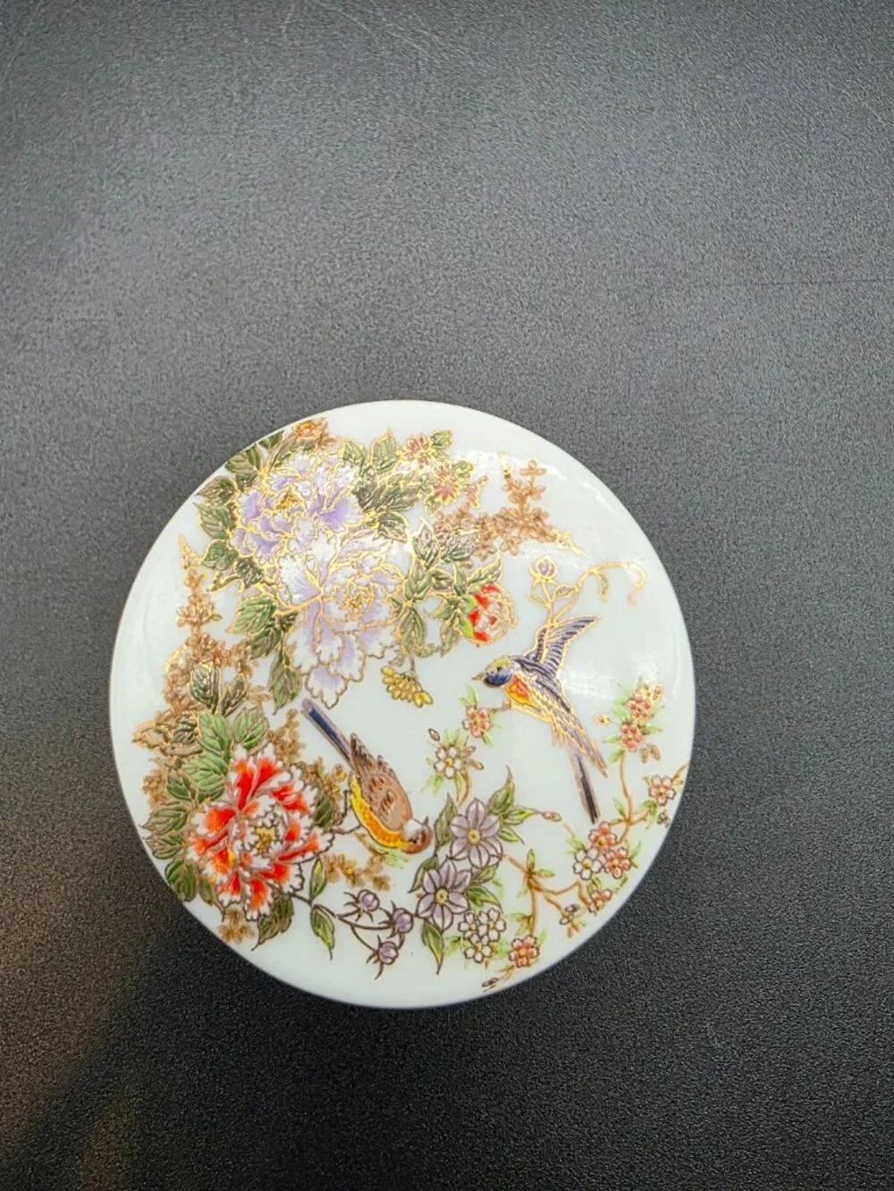 Vintage Japan Porcelain Trinket Box Birds & Floral Hand Painted Oval Lid